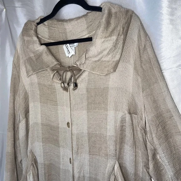 Natural Plaid Check Lagenlook Tunic Dress Size Large Drawstring Button Front - Picture 11 of 14